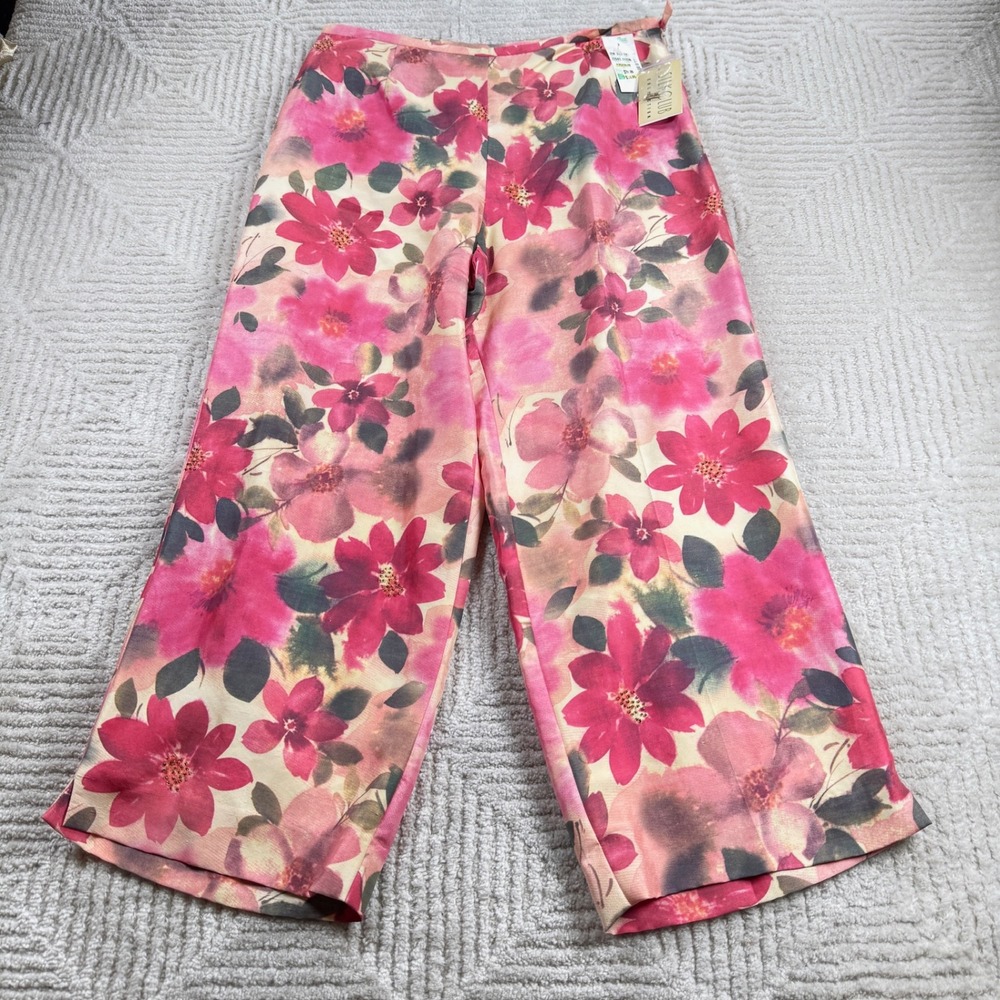 Silk Club Floral Wide Leg Pants Womens 12 Pink Silk Beaded Vintage NWT Y2K
